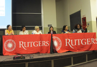Kelly Baum, Negar Ahkami, Ayana Friedman, Margot Badran, Zeina Barakeh, Fakhri Haghani, and Fatimah Tuggar: participating artists and panel members at the inaugural symposium of The Fertile Crescent: Art & Society in the Middle East Diaspora at Rutgers University and curated by Judith K. Brodsky and Ferris Olin