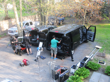The TV crew getting all their equipment together  for the reinactment shoot. 