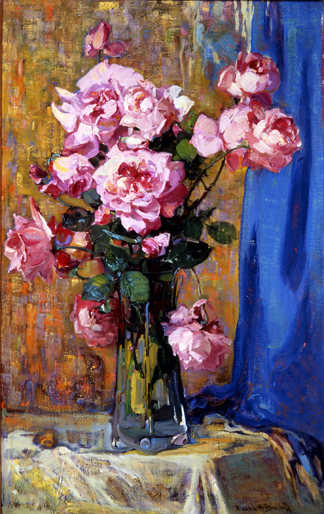 Franz A. Bishoff (American, born in Austria 1864 – 1929),  Roses (In a tall glass vase), 1912,