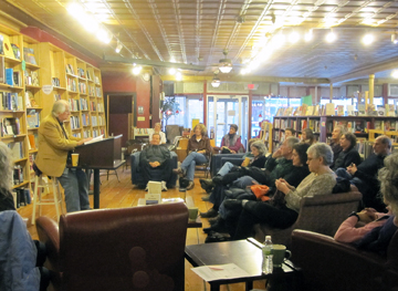 Raymond J. Steiner (l) speaking about Woodstock, an arts community, at a Lifespring, Saugerties Adult Learning Community winter presentation