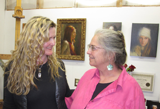 Johanna Spinks, artist, with Cornelia Seckel in Johanna's studio at the Bell Arts Factory 