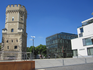 Medieval tower along this dock houses the Women's Media Tower, Cologne Germany