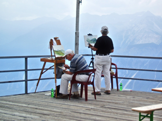 Heinrich J. Jarczyk (center foreground) and RJS painting in the Alps