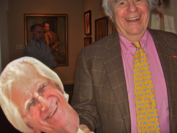 Everett Raymond Kinstler greeting Raymond Steiner's "Steiner-on-a-stick"