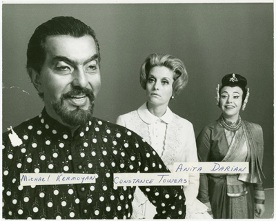 The King and I, 1968 revival. From left: Michael Kermoyan as the King, Constance Towers as Anna, and Anita Darian as Lady Thiang. Photo by Friedman-Abeles; from The New York Public Library Digital Collection.